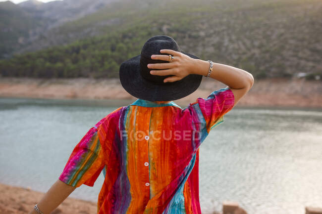 Mujer de vista trasera mirando un lago con una mano sosteniendo un sombrero negro - foto de stock