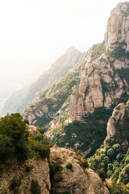 Alte vette della catena montuosa del Montserrat ricoperte di piante in Spagna — Foto stock