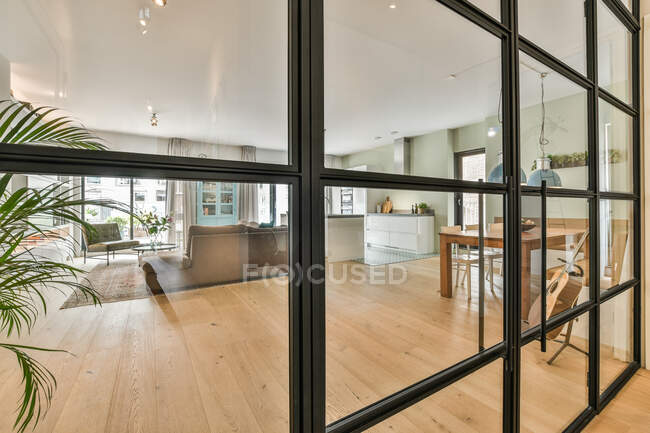 Através de vidro de porta em sofás em quarto espaçoso com cozinha moderna com zona de jantar e guitarra — Fotografia de Stock
