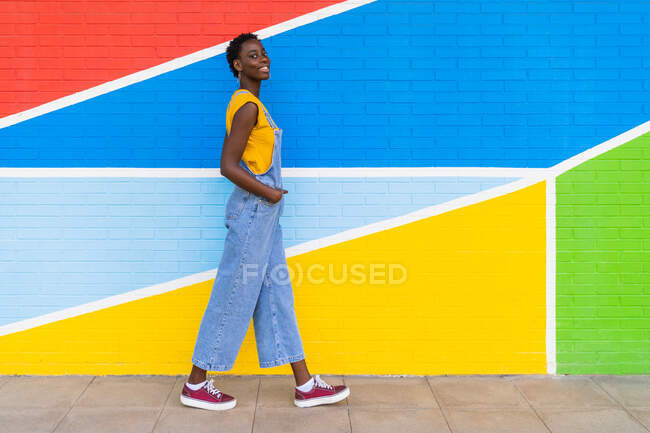 Vue latérale de heureuse jeune afro-américaine souriante tout en se tenant debout sur un mur lumineux coloré — Photo de stock