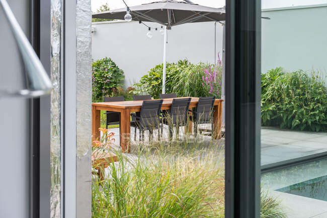 Інтер'єр кімнати з вікном з видом на терасу з зеленими рослинами і дерев'яним столом вдень — стокове фото