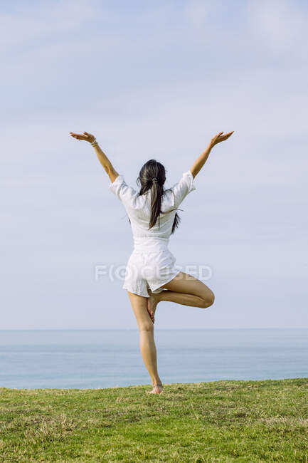 Back view of anonymous barefoot female performing Vrikshasana pose with outstretched arms during yoga practice on grass shore against ocean — Stock Photo