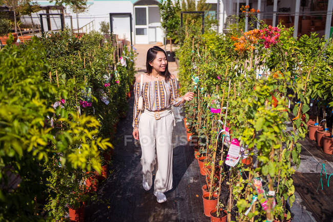 Lächelnde junge ethnische Käuferin pflückt Topfpflanzen mit blühenden Blumen, während sie auf dem Fußweg im Gartenladen spaziert — Stockfoto