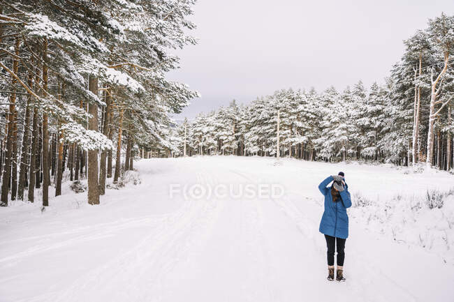 Jeune femme en vêtements chauds debout parmi les arbres enneigés et prenant des photos à la caméra dans la forêt d'hiver — Photo de stock