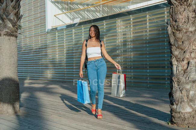 Jovem compradora afro-americana alegre com sacos de compras olhando embora enquanto caminhava na rua — Fotografia de Stock