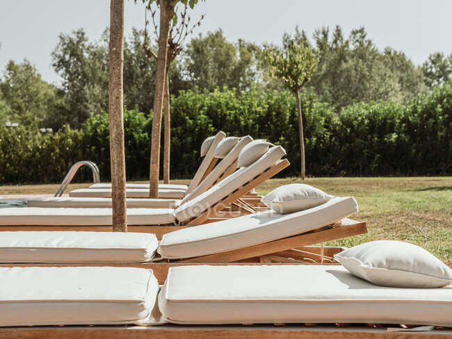 Sedie bianche posizionate in fila vicino alla piscina nel verde giardino del resort nella giornata di sole in estate — Foto stock