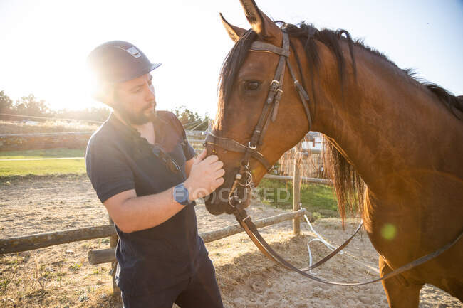 Hombre adulto en casco protector sosteniendo semental por riendas contra establos de escuela de equitación en el campo - foto de stock
