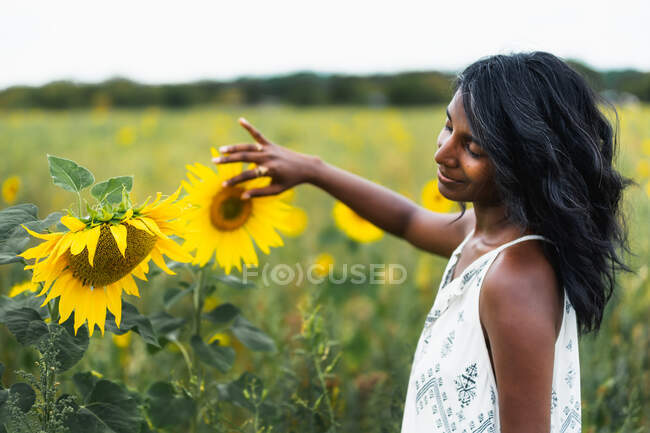Donna etnica adulta sincera che distoglie lo sguardo sul prato toccando fiori in fiore in campagna su sfondo sfocato — Foto stock