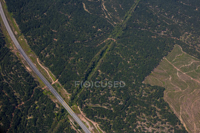 Aerial view of cars driving on asphalt roadway going between verdant forested terrain in Malaysia — Stock Photo