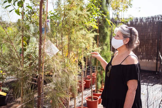 Vista lateral do cliente fêmea maduro na máscara têxtil que escolhe árvores verdes em potenciômetros na loja do jardim no dia ensolarado — Fotografia de Stock