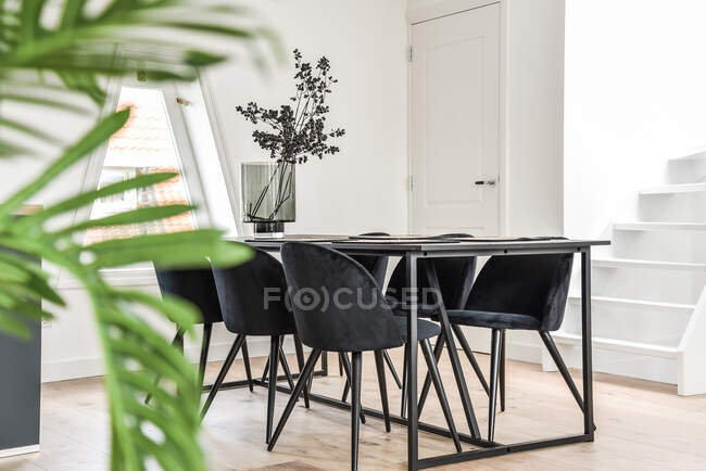 Mesa de comedor con sillas decoradas con plantas en maceta - foto de stock