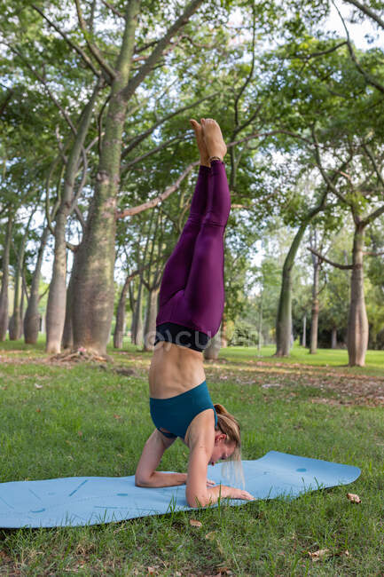 Vista lateral de uma jovem mulher irreconhecível em sportswear realizando Salamba Sirsasana Pada Garudasana no tapete no parque verde durante o dia — Fotografia de Stock