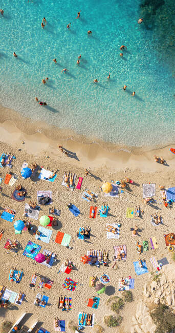 Drone vista dei viaggiatori sulla costa sabbiosa di Ibiza contro il mare increspato alla luce del sole in Spagna — Foto stock