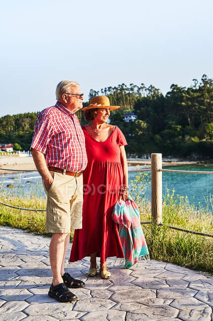 Старша пара, що стоїть поруч один з одним, дивлячись в сторону і насолоджуючись видом на море в сонячний день — стокове фото