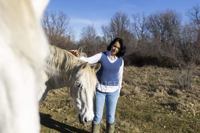 Contenu femelle mature caressant museau de cheval contre prairie dans la campagne par une journée ensoleillée — Photo de stock