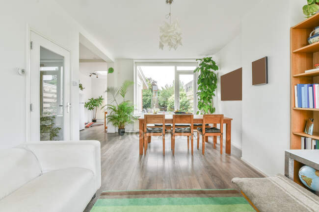 Стильный интерьер просторной гостиной с обеденной зоной, украшенной зелеными горшечными растениями в современной квартире при дневном освещении — стоковое фото