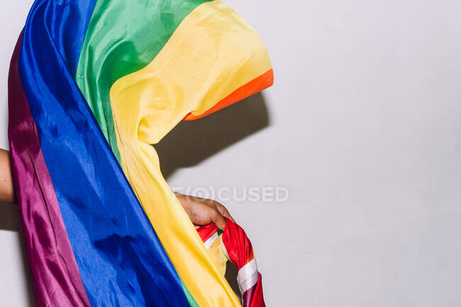 Crop persona anónima con la bandera del arco iris ondeante para la comunidad LGBT contra fondo blanco - foto de stock