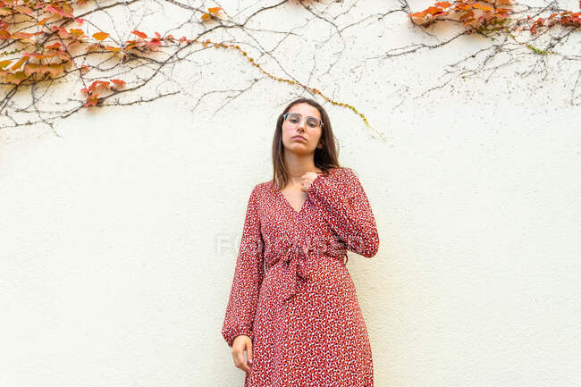 Femme bouleversée aux cheveux bruns en robe rouge et lunettes debout contre un mur blanc avec des branches de plante et regardant la caméra pendant la journée — Photo de stock