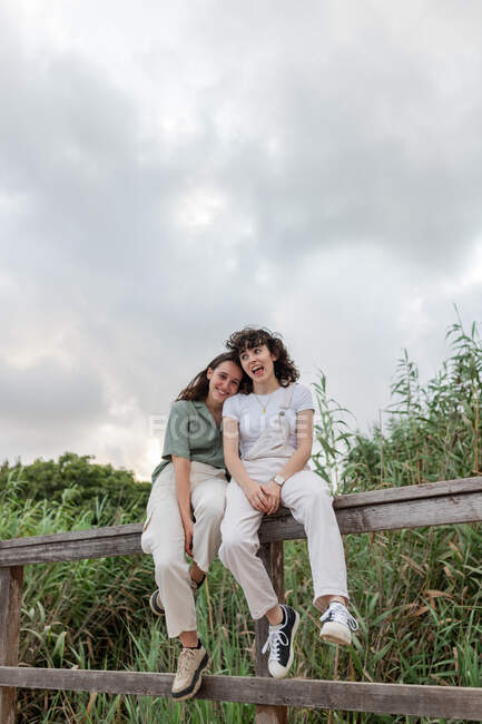 Charming young homosexual girlfriends spending time on fence under cloudy sky in evening countryside — Stock Photo