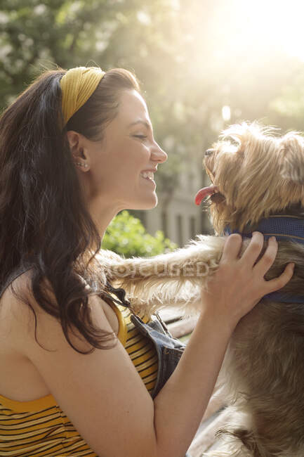 Vista lateral do proprietário feminino feliz sorrindo amplamente enquanto desfruta do tempo com engraçado Yorkshire Terrier com língua para fora — Fotografia de Stock