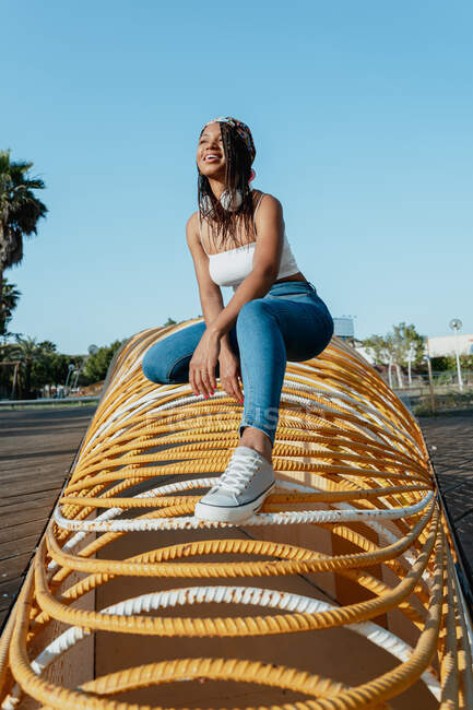 Allegro giovane donna afroamericana in abito alla moda accovacciato sulla costruzione simmetrica, mentre guardando lontano in città — Foto stock
