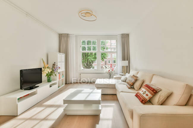 Interno di ampio soggiorno con comodo divano con cuscini ed elementi di stile in appartamento moderno nella giornata di sole — Foto stock