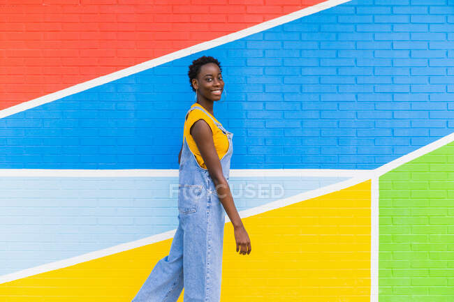 Seitenansicht einer fröhlichen jungen Afroamerikanerin, die an einer bunten, hellen Wand steht und lächelt — Stockfoto