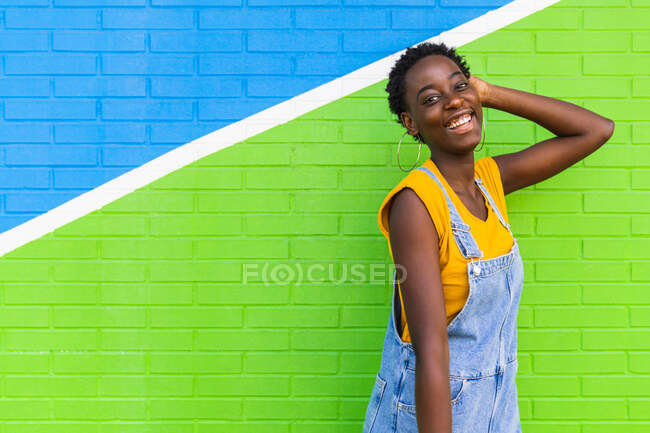 Vista lateral de la joven y feliz hembra afroamericana sonriendo mientras está de pie en la pared brillante colorido - foto de stock