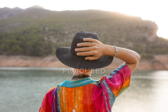 Женщина с заднего вида смотрит на озеро с одной рукой, держащей черную шляпу — стоковое фото