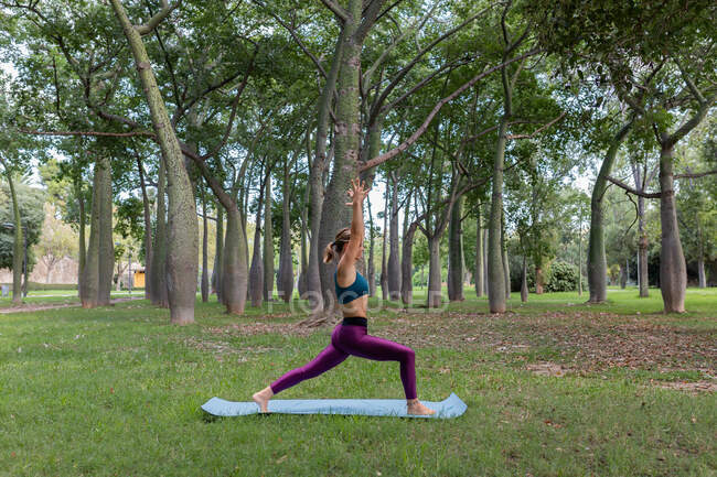 Vue latérale de la femme flexible en vêtements de sport faisant Ashta Chandrasana tout en pratiquant le yoga dans un parc vert en journée — Photo de stock