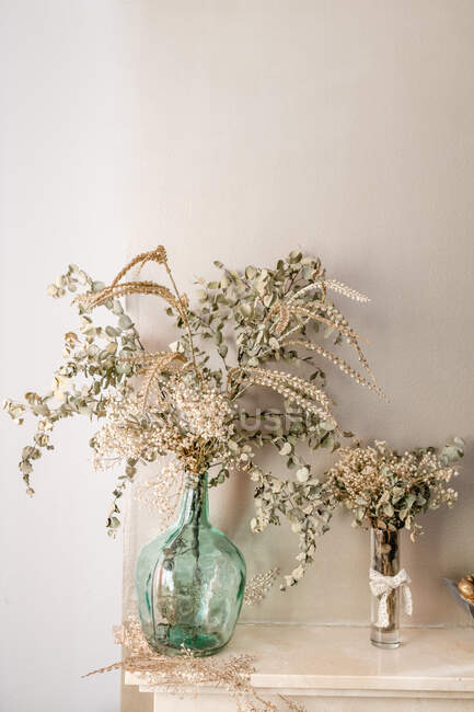 Glass vases with dried plants and branches covered with leaves decorating room of home — Stock Photo