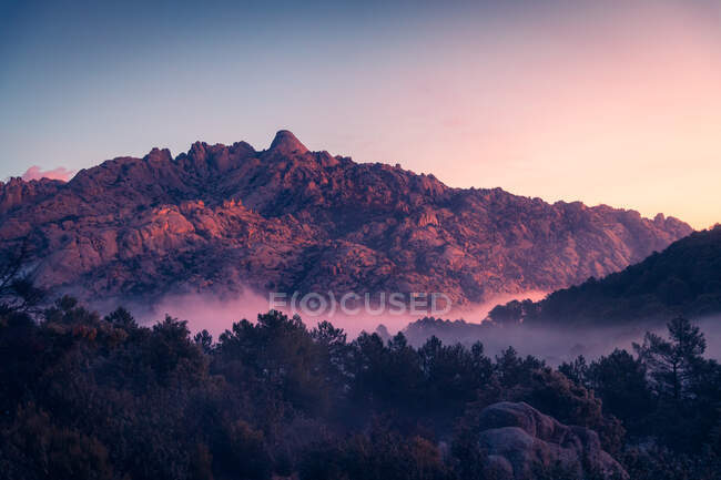 Vista panorâmica de Pedriza com névoa difundida entre a serra de Guadarrama e os pedregulhos com árvores de coníferas ao nascer do sol em Espanha — Fotografia de Stock