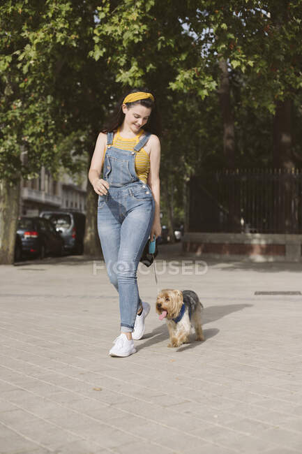 Full body of positive female owner in casual denim overall walking with Yorkshire Terrier on leash — Stock Photo