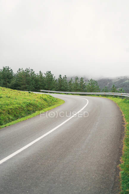 Piegata strada asfaltata con recinzione tra alberi verdi lussureggianti contro il monte sotto il cielo nebbioso in campagna — Foto stock