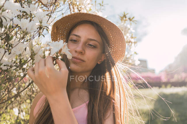 Encantadora adolescente en sombrero de paja con pelo largo tocando fragante flor blanca en el arbusto en la espalda iluminada - foto de stock