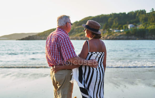 Rückansicht eines nicht wiederzuerkennenden älteren Paares mit Sonnenbrille, das am nassen Sandstrand steht und den sonnigen Tag genießt — Stockfoto