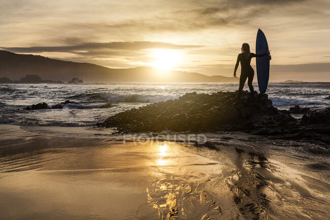 Вид сзади на неузнаваемую молодую женщину, стоящую на берегу с доской для серфинга, прежде чем попасть в море во время заката на пляже в Астурии, Испания — стоковое фото