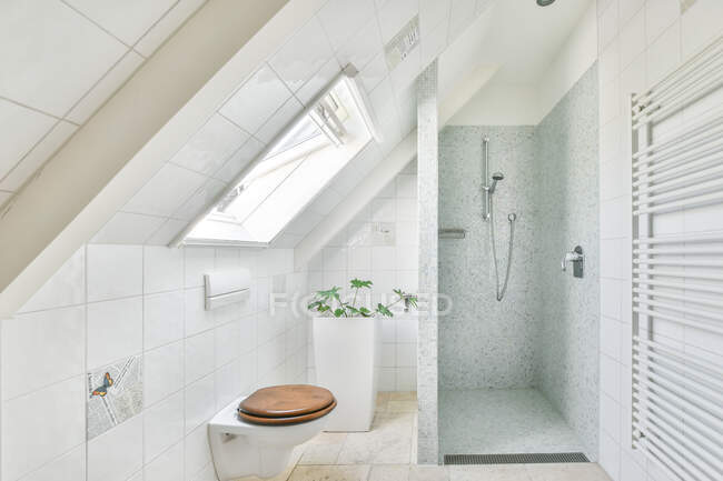 Креативний дизайн ванної кімнати з душовою кабіною та туалетом під вікном у світлому будинку — стокове фото