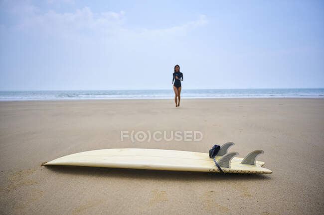 Ethnic female surfer in wetsuit strolling on ocean coast against surfboard under cloudy blue sky — Stock Photo
