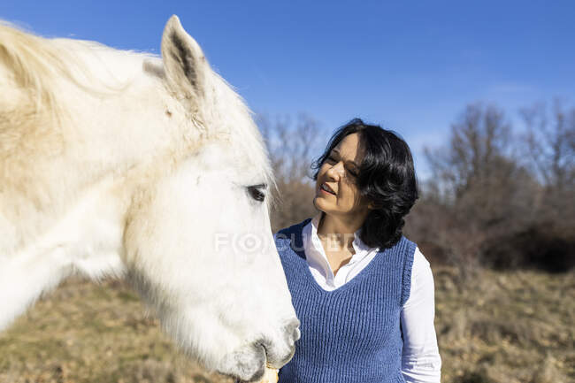 Contenido hembra madura acariciando hocico de caballo contra el prado en el campo en el día soleado - foto de stock