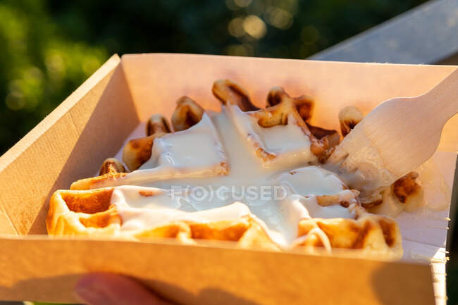 Обрезанный неузнаваемый человек, поедающий вкусные бельгийские вафли со взбитыми сливками в коробке для еды на вынос на фоне зажженных вершин. — стоковое фото