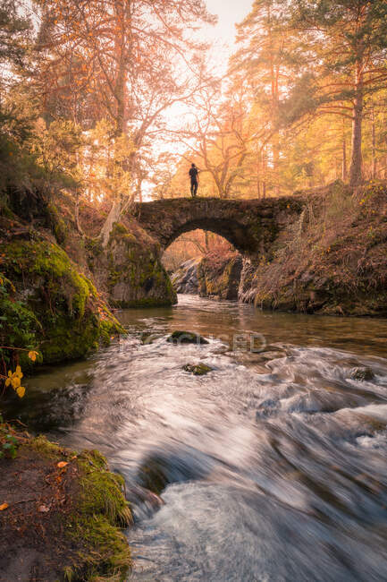 Pintoresco paisaje de hombre irreconocible de pie sobre puente de piedra sobre río en otoño parque en Sierra de Guadarrama en España durante el día - foto de stock