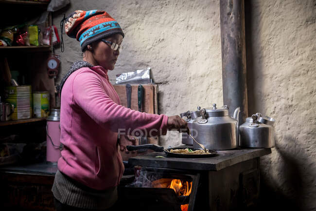 NEPAL, HIMALAYAS - 6. NOVEMBER 2015: Seitenansicht einer konzentrierten ethnischen Frau in lässiger Kleidung, die am Herd steht und heißes Essen im Topf rührt, während sie Essen in der Küche zubereitet — Stockfoto