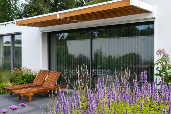 Wooden sunbeds placed under roof of contemporary residential villa with glass walls in backyard decorated with blooming flowers on sunny day — Stock Photo