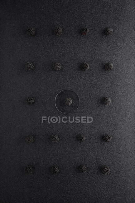 Top vista composição minimalista de amoras doces com meio em círculo no fundo preto — Fotografia de Stock