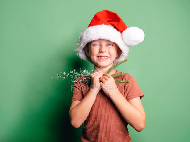 Menino alegre em chapéu vermelho de Papai Noel com ramos de abeto olhando para a câmera com olhos bem abertos — Fotografia de Stock