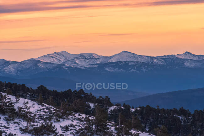 Paesaggio mozzafiato di pendio di collina coperta di neve e alberi contro alte montagne rocciose sotto il cielo luminoso all'alba — Foto stock