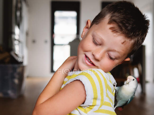Cute little boy in striped t shirt sitting with small bird with gray plumage at home — Stock Photo