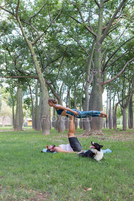 Pleine longueur de couple concentré en vêtements de sport faire asana tout en pratiquant l'acroyoga ensemble dans un parc vert en plein jour et avec leur chien couché pour les regarder — Photo de stock