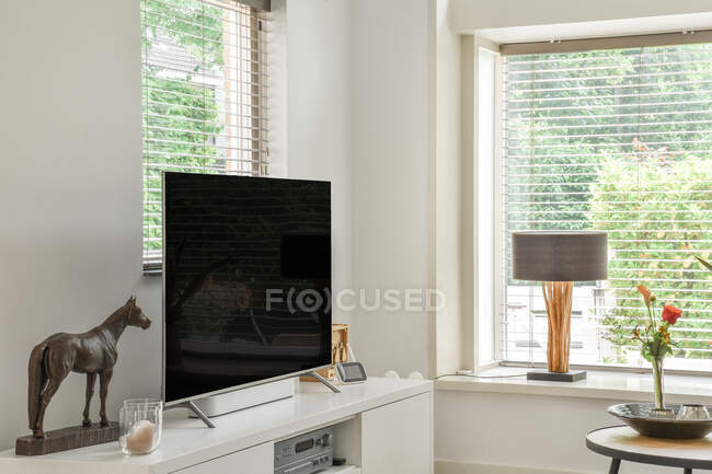 Grand canapé confortable placé en face de la télévision dans un salon spacieux avec un intérieur élégant dans un appartement moderne — Photo de stock